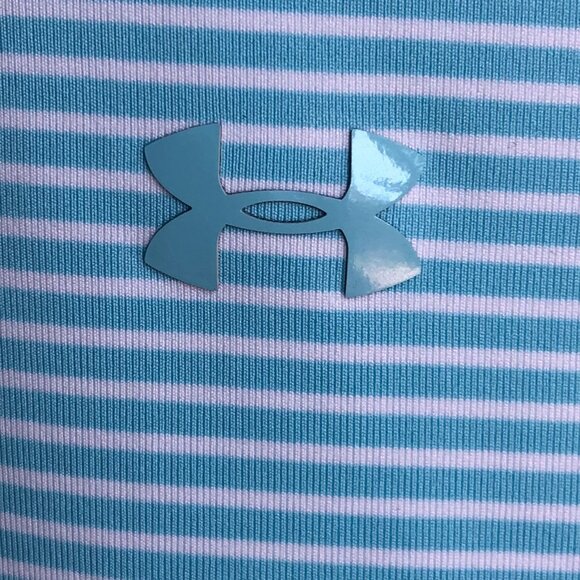 Under Armour Heat Gear Slvless Fitted Stripped Golf Top Turquoise Blue+Wht Sz S - Picture 4 of 10